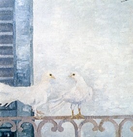 Colombe sul balcone dipinto di Nunzio Sciavarrello