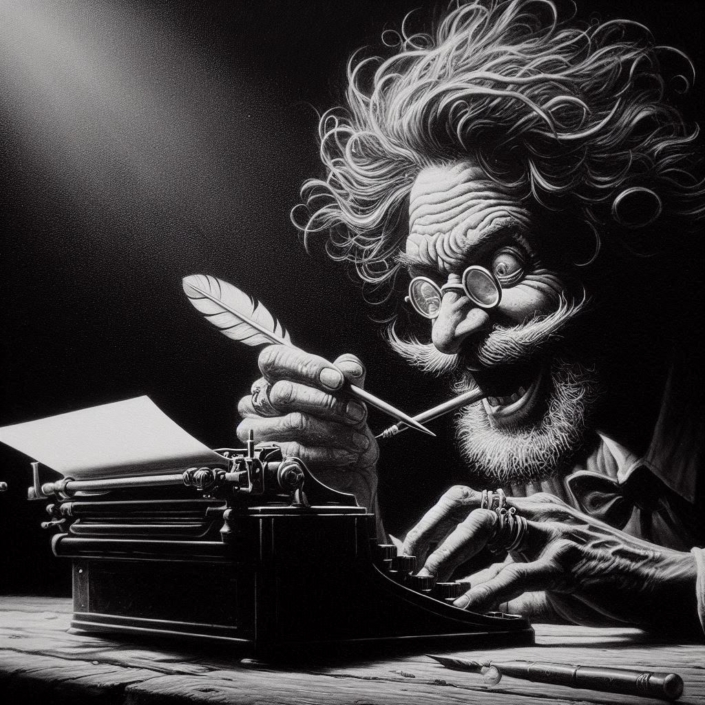 scrittore appassionato Figura umana scrive concentrata e pazzoide. Divertimento e scrittura profonda su vivo&scrivo.