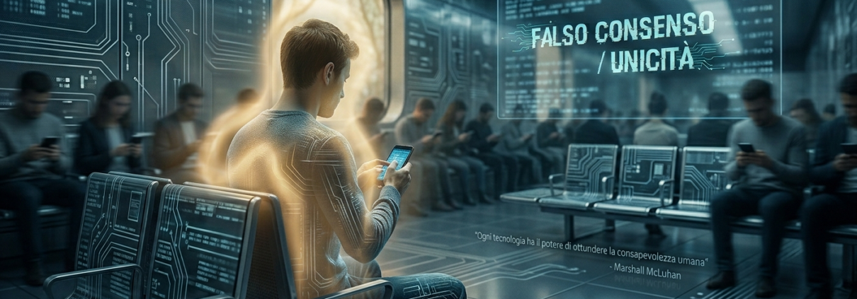 Un uomo seduto in una moderna sala d'attesa digitale, circondato da persone chine sui propri smartphone. Mentre gli altri sono in ombra, l'uomo è avvolto da un alone di luce dorata eterea che ne esalta l'unicità. Sullo sfondo, uno schermo olografico riporta la scritta 'Falso Consenso / Unicità' e una citazione di Marshall McLuhan.