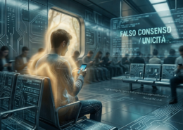 Un uomo seduto in una moderna sala d'attesa digitale, circondato da persone chine sui propri smartphone. Mentre gli altri sono in ombra, l'uomo è avvolto da un alone di luce dorata eterea che ne esalta l'unicità. Sullo sfondo, uno schermo olografico riporta la scritta 'Falso Consenso / Unicità' e una citazione di Marshall McLuhan.