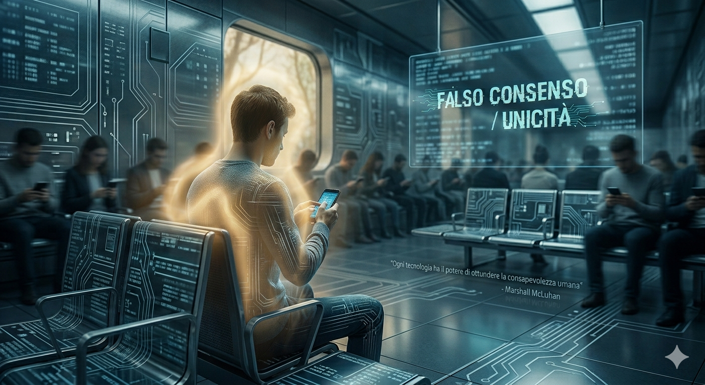 Un uomo seduto in una moderna sala d'attesa digitale, circondato da persone chine sui propri smartphone. Mentre gli altri sono in ombra, l'uomo è avvolto da un alone di luce dorata eterea che ne esalta l'unicità. Sullo sfondo, uno schermo olografico riporta la scritta 'Falso Consenso / Unicità' e una citazione di Marshall McLuhan.