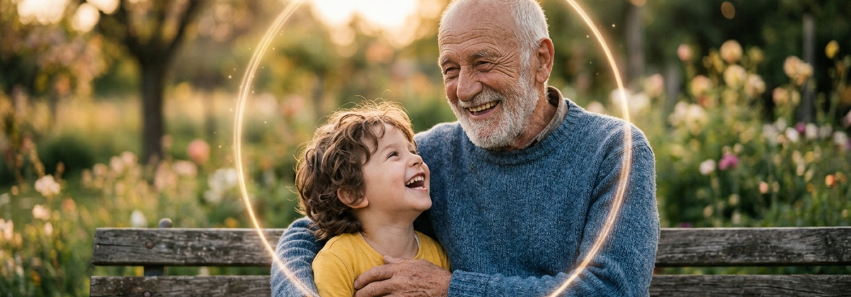 Un uomo anziano sorridente abbraccia un bambino piccolo, entrambi seduti su una panchina al tramonto. Un cerchio di luce dorata e soffusa li avvolge, simboleggiando il ciclo della vita e il ritorno alla purezza. Un'immagine calda che rappresenta il legame tra l'alba e il tramonto dell'esistenza.