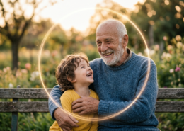 Un uomo anziano sorridente abbraccia un bambino piccolo, entrambi seduti su una panchina al tramonto. Un cerchio di luce dorata e soffusa li avvolge, simboleggiando il ciclo della vita e il ritorno alla purezza. Un'immagine calda che rappresenta il legame tra l'alba e il tramonto dell'esistenza.