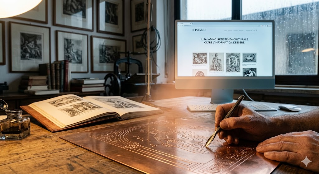 Una mano esperta incide con bulino una lastra di rame in primo piano, simbolo della grafica d'arte. Sullo sfondo, uno schermo digitale acceso mostra il catalogo de 'Il Paladino' con la scritta olografica 'Resistenza culturale. Oltre l'informatica, l'Essere'. Un ponte tra tradizione incisoria e mondo digitale.