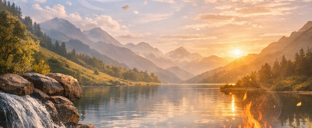 Paesaggio naturale sereno al tramonto con i quattro elementi — un ruscello limpido che scorre tra rocce (acqua), colline verdi e fiori di campo (terra), nuvole e brezze leggere che muovono l’erba (vento), e un piccolo fuoco acceso che diffonde luce calda (fuoco) — in armonia sotto un cielo dorato.