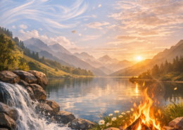 Paesaggio naturale sereno al tramonto con i quattro elementi — un ruscello limpido che scorre tra rocce (acqua), colline verdi e fiori di campo (terra), nuvole e brezze leggere che muovono l’erba (vento), e un piccolo fuoco acceso che diffonde luce calda (fuoco) — in armonia sotto un cielo dorato.