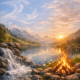 Paesaggio naturale sereno al tramonto con i quattro elementi — un ruscello limpido che scorre tra rocce (acqua), colline verdi e fiori di campo (terra), nuvole e brezze leggere che muovono l’erba (vento), e un piccolo fuoco acceso che diffonde luce calda (fuoco) — in armonia sotto un cielo dorato.